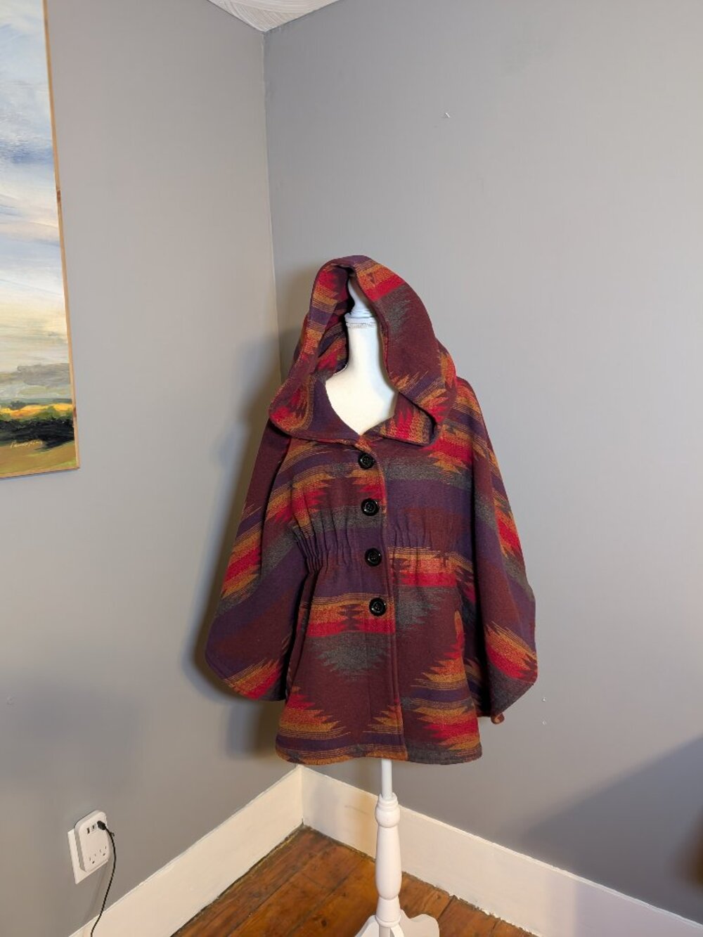Steve Madden Women's Red, Orange and Purple Hooded Aztec Cape/Pancho Size L
